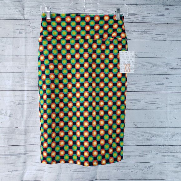 LuLaRoe Womens Cassie Pencil Skirt Sz XS Green Orange Geometric - Picture 1 of 3